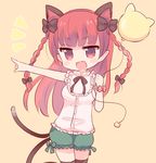  :d alternate_hairstyle animal_ears balloon bangs black_bow black_neckwear black_ribbon blush_stickers bow braid casual cat_ears cat_tail fang frilled_shirt frilled_shorts frills green_bow green_shorts hair_bow holding holding_balloon kaenbyou_rin long_hair marshmallow_mille multiple_tails neck_ribbon open_mouth orange_background pointing polka_dot polka_dot_bow red_eyes red_hair ribbon shirt shorts smile solo tail touhou twin_braids two_tails v-shaped_eyebrows white_shirt wrist_bow 