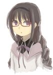  akemi_homura black_hair braid glasses hairband highres long_hair looking_at_viewer magical_girl mahou_shoujo_madoka_magica mami_lmg_(giruga3) purple_eyes red-framed_eyewear semi-rimless_eyewear simple_background solo twin_braids under-rim_eyewear upper_body white_background 