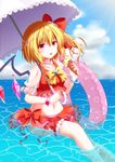  :o adapted_costume bikini blonde_hair blush bracelet cloud crop_top day flandre_scarlet food hat ice_cream innertube jewelry kure~pu leg_garter looking_at_viewer navel parasol partially_submerged red_eyes see-through short_hair side_ponytail sitting skirt sky sunlight swimsuit touhou umbrella water wings 