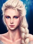  bare_shoulders blonde_hair blue_eyes braid elsa_(frozen) face frozen_(disney) hair_over_shoulder long_hair looking_at_viewer portrait realistic single_braid solo trixia 