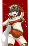  :d belt breasts brown_hair brown_legwear capelet cleavage gloves grey_eyes hat headgear highres kantai_collection kongou_(kantai_collection) long_hair looking_at_viewer medium_breasts midriff navel open_mouth pointing pointing_at_viewer red_gloves sack santa_costume santa_hat smile snowing solo teeth thighhighs yaruku 