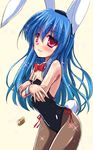  animal_ears blue_hair breasts bunny_ears bunny_girl bunny_tail bunnysuit cleavage detached_collar fake_animal_ears hairband hinanawi_tenshi lighter long_hair pantyhose red_eyes small_breasts solo tail touhou wrist_cuffs yamu_(reverse_noise) 