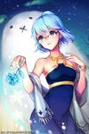  bad_id bad_pixiv_id bare_shoulders blue_eyes blue_hair blurry bracelet depth_of_field dress flower glasses hand_on_own_chest jewelry jit o-ring rose shawl short_hair smile snow_bunny solo star sword_girls 