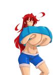  1girl aeon708 breast_lift breasts deep_skin female gigantic_breasts long_hair midriff navel red_hair simple_background solo thighs underboob white_background 