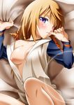 bed_sheet biting blonde_hair blush breasts breasts_outside charlotte_dunois collarbone highres infinite_stratos jacket jewelry long_hair looking_at_viewer lying medium_breasts necklace nipples on_back one_eye_closed purple_eyes sheet_grab solo sumeragi_tomo tears thumb_biting track_jacket unzipped 