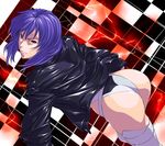  ass atto_(eroban) boots female ghost_in_the_shell ghost_in_the_shell_stand_alone_complex highleg highleg_leotard jacket kusanagi_motoko leather leather_jacket leotard looking_at_viewer looking_back purple_hair red_eyes serious short_hair solo thigh_boots thighhighs 