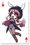  ace_of_hearts animal_ears arm_behind_head between_breasts blush breasts bunny_ears card chibi coat covered_navel detached_collar expressionless hat hata_no_kokoro hemogurobin_a1c long_hair mask necktie pantyhose pink_eyes pink_hair playing_card sleeveless sleeveless_coat solo top_hat touhou wrist_cuffs 