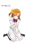  absurdres bad_id bad_pixiv_id baozi black_legwear blue_eyes blush bow copyright_name food hair_bow highres kappougi kousaka_honoka looking_at_viewer love_live! love_live!_school_idol_project one_side_up orange_hair short_hair simple_background sitting smile socks solo wariza white_background wkdnlwoddl 