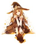  black_dress blonde_hair bow dress hat hat_bow kirisame_marisa long_hair looking_at_viewer puffy_short_sleeves puffy_sleeves shirt short_sleeves shuzi sitting smile solo touhou v_arms very_long_hair white_bow witch_hat wrist_cuffs yellow_eyes 