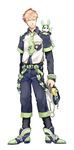  badge belt blonde_hair bridge_piercing bunny button_badge dramatical_murder eyebrow_piercing hat hat_removed headwear_removed labret_piercing male_focus necktie noiz_(dramatical_murder) piercing sagua_(artist) smile solo standing usagimodoki white_background 