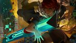  blue_eyes building cityscape game_cg huge_weapon jen_zee lips nail_polish official_art red_(transistor) red_hair short_hair supergiant_games sword the_transistor transistor_(game) weapon 
