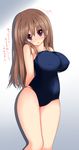  blush breasts brown_eyes brown_hair competition_school_swimsuit covered_nipples denpaken_pochi head_tilt highres large_breasts long_hair looking_at_viewer navel one-piece_swimsuit open_mouth original school_swimsuit silhouette simple_background solo swimsuit white_background 