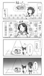  4koma a_youkai's_doing ahoge bangs blunt_bangs box braid cannon cardboard_box collared_shirt comic failure_penguin fairy_(kantai_collection) female_admiral_(kantai_collection) folded_ponytail gameplay_mechanics greyscale hat imagining in_container inazuma_(kantai_collection) kantai_collection maintenance_musume_(kantai_collection) military military_uniform miss_cloud monochrome multiple_girls necktie open_mouth pekeko_(pepekekeko) pleated_skirt ponytail school_uniform serafuku shirt single_braid skirt spotlight squatting translated turret uniform watabe_koharu youkai_taisou_dai-ichi youkai_watch 