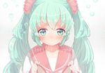  bad_id bad_pixiv_id green_eyes green_hair hatsune_miku kinokoko-kino long_hair looking_at_viewer lots_of_laugh_(vocaloid) solo text_focus twintails vocaloid water_drop 