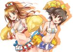  2girls :d akagi_miria arm_up bare_shoulders black_hair bow breasts brown_eyes brown_hair cheerleader cleavage crop_top crop_top_overhang gloves green_eyes hair_bow hair_ornament hino_akane_(idolmaster) idolmaster idolmaster_cinderella_girls looking_at_viewer medium_breasts midriff miniskirt multiple_girls navel one_side_up open_mouth paopao pleated_skirt pom_poms short_twintails skirt small_breasts smile twintails white_gloves 
