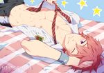  blush character_name circle_name free! lying male_focus mazjojo muscle necktie on_back one_eye_closed open_clothes open_mouth open_shirt pink_hair purple_eyes school_uniform shigino_kisumi shirt smile solo star wristband 