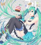  7th_dragon_(series) 7th_dragon_2020 cake crown food fork foxbird gift green_eyes green_hair hatsune_miku headphones knife long_hair open_mouth sitting skirt solo star thighhighs twintails very_long_hair vocaloid 
