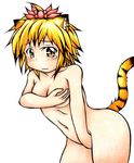  animal_ears blush collarbone colored_pencil_(medium) covering covering_breasts covering_crotch flower hair_flower hair_ornament highres inte_(whitewolftail) navel nude orange_eyes orange_hair short_hair slit_pupils solo tail tears tiger_ears tiger_tail toramaru_shou touhou traditional_media wavy_mouth 