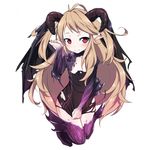  ahoge ayakashi_onmyouroku bat_wings behemoth_(ayakashi_onmyouroku) black_dress blonde_hair blush demon_girl demon_horns demon_wings dissolving_clothes dress dress_tug fins flat_chest full_body horns knees_together_feet_apart long_hair lowres official_art pointy_ears purple_legwear red_eyes sama simple_background smile solo thighhighs torn_clothes torn_dress very_long_hair white_background wings 