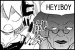  1girl admiral_(kantai_collection) comic cookie_clicker crossover eyewear_strap glasses grandma_(cookie_clicker) greyscale hand_on_another's_shoulder kantai_collection monochrome niratama-don reverse_translation uniform 