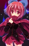  breasts cape covered_mouth hair_ribbon medium_breasts red_eyes red_hair ribbon sekibanki skirt solo touhou yamu_(reverse_noise) 