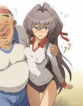  1girl arm_around_shoulder bald black_hair blush buruma character_name closed_eyes covered_navel gym_uniform hair_between_eyes headband highres impossible_clothes lips long_hair nose_picking original parted_lips smile snot stretch sweat thigh_gap three-legged_race ugly_man white_background yooo 