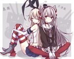  amatsukaze_(kantai_collection) back-to-back bare_shoulders berukko blonde_hair blue_skirt brown_eyes character_name choker closed_eyes dress elbow_gloves gloves grey_neckwear hair_tubes hairband high_heels indian_style kantai_collection kneehighs knees_up leg_hug long_hair long_sleeves looking_at_viewer miniskirt multiple_girls neckerchief pantyhose pleated_skirt red_legwear rensouhou-chan rensouhou-kun sailor_collar sailor_dress shimakaze_(kantai_collection) silver_hair sitting skirt striped striped_legwear thighhighs translated two_side_up v_arms white_gloves 