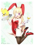  ;d animal_ears bad_id bad_pixiv_id bow bowtie bunny_ears bunny_tail bunnysuit character_request cup detached_collar drinking_glass gloves goblet long_hair one_eye_closed open_mouth phantasy_star phantasy_star_online_2 smile tail thighhighs tray wine_glass yazaki_shion 