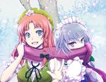  blue_eyes braid chinese_clothes covered_mouth hair_ribbon hat hong_meiling izayoi_sakuya looking_at_viewer maid maid_headdress multiple_girls open_mouth purple_eyes red_hair ribbon scarf shared_scarf shugoi silver_hair snowing star touhou v 