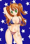  american_flag_bikini armpits bikini blush_stickers body_blush brown_hair cameltoe flag_print green_eyes highres kageno_kuroko kirishima_rika long_hair navel ring_dream shiny shiny_skin swimsuit two_side_up 