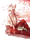  :3 bow fujiwara_no_mokou hair_bow horn_ribbon horns kamishirasawa_keine kamishirasawa_keine_(hakutaku) long_hair pants petals red_eyes ribbon shirt short_sleeves shuzi silver_hair sitting sukusuku_hakutaku suspenders touhou very_long_hair wind 