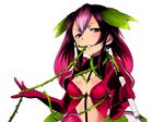  ayakashi_onmyouroku between_breasts blush breasts cleavage gradient_hair holding impossible_clothes leaf long_sleeves medium_breasts midriff mouth_hold multicolored_hair official_art pink_eyes pink_hair plant puffy_long_sleeves puffy_sleeves purple_hair rose_whip_(ayakashi) sama solo thorns transparent_background vines whip 