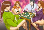  abstract_background board_game bracer breasts bridal_gauntlets cao-li china_dress chinese_clothes cleavage copyright_request crossed_arms dress earrings eyes_closed eyeshadow guan-caihe high_collar highres jewelry large_breasts legs_crossed liu-meixing long_hair long_sleeves mahjong makeup multiple_girls nail_polish nappy_happy necklace original short_hair side_slit sitting smile smirk table tan thick_thighs thighs tube_top vest wide_sleeves wristband zhang-yanhua 