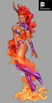  1girl alien boots concept_art cutout dc_comics fiery_hair figure fire flying full_body gradient_hair green_eyes grey_background hip_vent midriff multicolored_hair no_pupils orange_skin purple_shoes simple_background solid_eyes solo stanley_lau starfire tamaranian thigh_boots thighhighs vambraces 