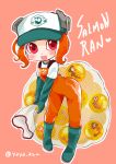  1girl :d boots egg elbow_gloves gloves hat heart highres jumpsuit leaning_forward net octoling open_mouth pink_eyes rubber_boots rubber_gloves salmon_run shirt short_hair shoulder_strap smile solo splatoon splatoon_(series) splatoon_2 splatoon_2:_octo_expansion tentacle tentacle_hair white_shirt yaya_(yayaya) 