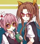  berukko bespectacled blue_eyes brown_eyes brown_hair drinking drinking_straw flower glasses hair_flower hair_ornament hair_ribbon kagerou_(kantai_collection) kantai_collection looking_at_viewer multiple_girls orange_ribbon pink_hair ponytail red-framed_eyewear ribbon round_eyewear school_uniform shiranui_(kantai_collection) short_hair short_sleeves twintails vest yellow-framed_eyewear 