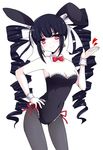  animal_ears bare_shoulders bell bell_earrings big_hair black_hair breasts bunny_ears bunnysuit celestia_ludenberck cleavage contrapposto cuffs danganronpa danganronpa_1 detached_collar drill_hair earrings hand_on_hip heart jewelry long_hair medium_breasts pantyhose red_eyes rori_(lovesick_bomb) smile standing 