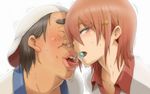  1girl backwards_hat blush brown_eyes buck_teeth candy commentary food gym_uniform hair_ornament hairclip hat highres lips mouth_hold original red_eyes red_hair short_hair snot sweat tongue tongue_out ugly_man yooo 