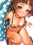  arm_support bangs bikini blue_eyes blush breasts brown_hair highres innertube jewelry looking_at_viewer medium_breasts murata_renji navel necklace polka_dot_innertube sandals scan shiny shiny_skin short_hair skindentation solo swimsuit white_background 