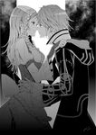  1girl alternate_hairstyle amatari_sukuzakki couple dress eye_contact face-to-face fire_emblem fire_emblem:_kakusei greyscale hair_down hetero hood hug imminent_kiss liz_(fire_emblem) long_hair looking_at_another male_my_unit_(fire_emblem:_kakusei) monochrome my_unit_(fire_emblem:_kakusei) smile 