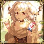  animal_ears ayakashi_onmyouroku blush border braid breasts bunny_ears bunny_girl choker cleavage collarbone cup dappled_sunlight food gears glasses holding holding_cup ice_cream_spoon lantern large_breasts long_hair long_sleeves lowres march_hare_(ayakashi) mouth_hold off_shoulder official_art orange_eyes outdoors paper_lantern petticoat sama shaved_ice solo spoon sunlight tears twin_braids white_hair 