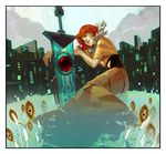  black_border border cityscape commentary dress jen_zee official_art red_(transistor) red_hair resting short_hair sword the_transistor transistor_(game) water weapon 