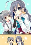  ^_^ ahoge arm_warmers brown_eyes buttons closed_eyes collared_shirt eating food fume grey_hair hair_ribbon iceball kantai_collection kasumi_(kantai_collection) kiyoshimo_(kantai_collection) long_hair multiple_girls nagasioo onigiri open_mouth pleated_skirt ribbon school_uniform scratching_head shirt side_ponytail silver_hair skirt suspenders tasting twintails white_shirt 
