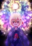  alternate_costume bag bagged_fish blonde_hair fang fireworks fish goldfish hair_ribbon highres japanese_clothes kimono kuroyume_(dark495) long_hair obi open_mouth red_eyes ribbon rumia sash short_hair smile solo touhou wide_sleeves yukata 