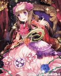  :d blurry brown_hair depth_of_field flower hair_ornament holding long_hair long_skirt looking_at_viewer majoca_majoluna md5_mismatch official_art open_mouth purple_eyes reaching rose shutsuri skirt smile solo staff wrist_cuffs 