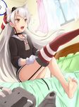  adjusting_clothes amatsukaze_(kantai_collection) bad_id bad_pixiv_id barefoot bed brown_eyes clock dorsiflexion dress dressing feet garter_straps gloves hair_tubes kantai_collection long_hair mijinko_(rioriorio) on_bed open_mouth outstretched_leg rensouhou-kun sailor_dress school_uniform silver_hair single_thighhigh sitting soles spread_toes striped striped_legwear thighhighs thighhighs_pull toes two_side_up white_hair window windsock 