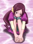  barefoot blush capri_pants commentary_request eyelashes frown glasses hair_ornament hanasaki_tsubomi hands_on_feet heartcatch_precure! highres kamisuki long_hair looking_at_viewer pants precure purple_background purple_eyes purple_hair sitting solo tears twintails 