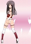  1girl alternate_costume ass ass_grab bare_shoulders black_hair blush boots breasts female from_behind ganmo grabbing_own_ass high_heel_boots high_heels hime_cut houraisan_kaguya long_hair looking_at_viewer looking_back red_eyes shadow smile solo thighhighs touhou very_long_hair wrestling_outfit 