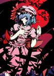  bat bat_wings blue_hair cross flat_color glowing glowing_eye hand_on_own_chest hat high_contrast kuronezumi red_eyes remilia_scarlet sash solo touhou wings wrist_cuffs 