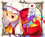  ascot banned_artist blonde_hair candy flandre_scarlet food hat heart lollipop looking_at_viewer mob_cap red_eyes side_ponytail solo spoken_heart teeth_hold touhou wings yusano 